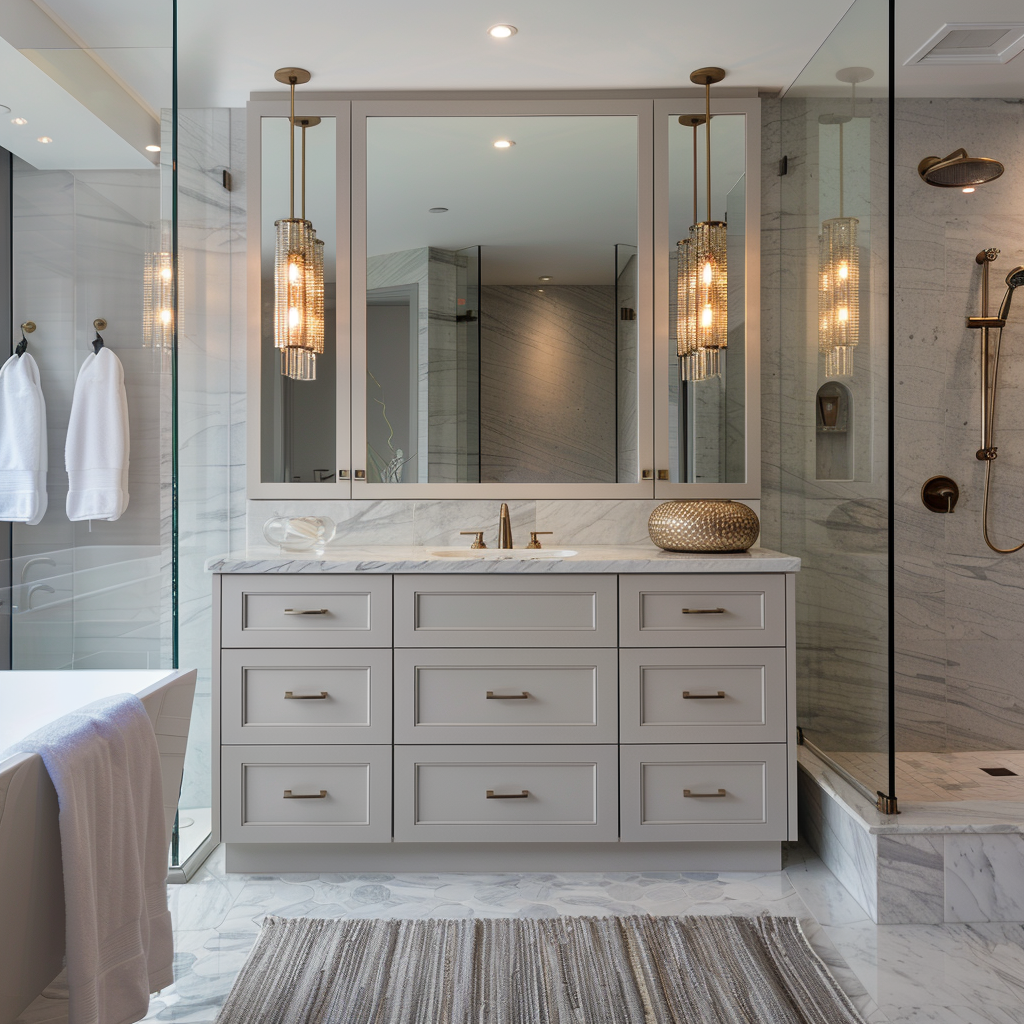 Luxurious bathroom with a custom-designed vanity featuring upscale finishes. The space is modern and minimalist with a color palette of soft greys, whites, and blacks with gold accents. The vanity is set against a polished Carrara marble feature wall and topped with an oversized frameless mirror. The room includes a freestanding deep-soaking tub, glass-enclosed shower, and is lit by recessed LED lights and a pendant light with a dimmer.