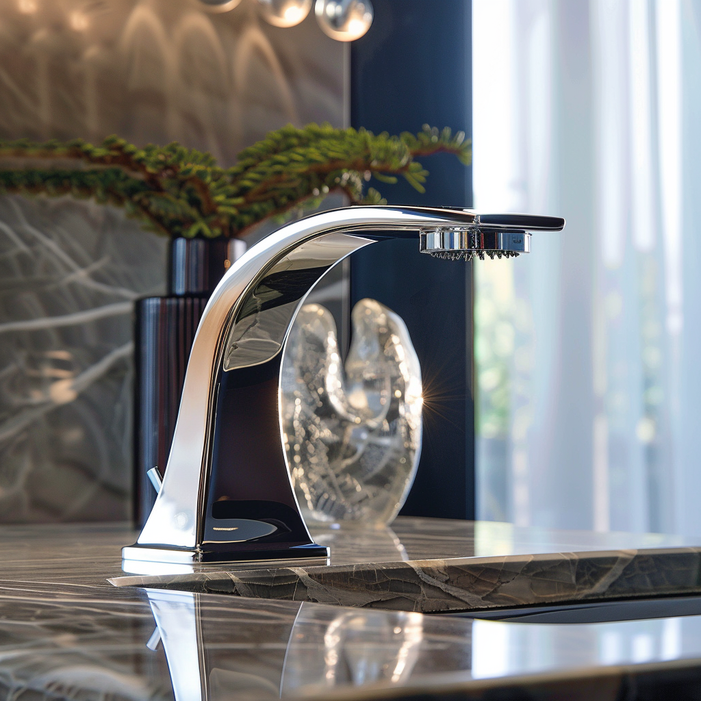 Close-up of a polished chrome designer faucet with sleek lines, set on a marble vanity top in a luxurious modern bathroom. The background includes blurred elements like crystal sconces and a sculptural vase with greenery.