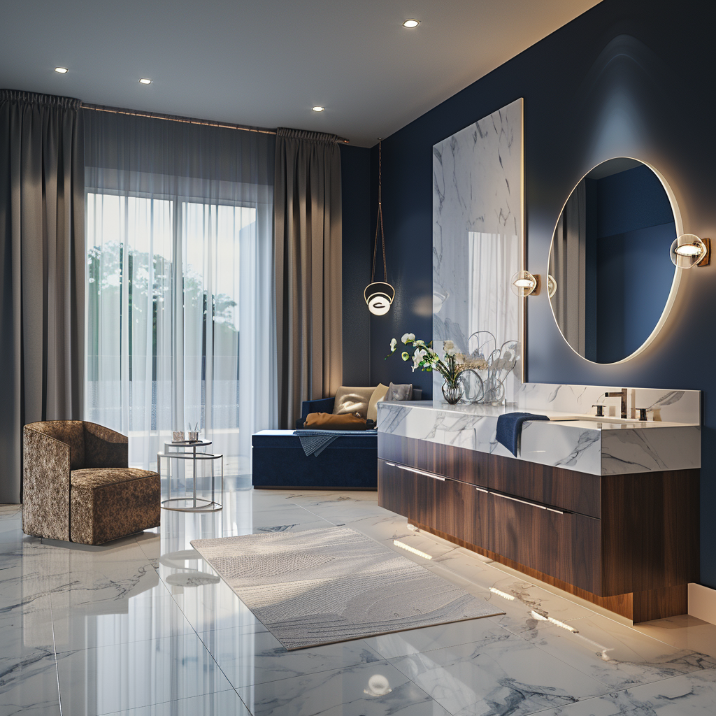 Opulent modern bathroom with a central dark wood luxury vanity, illuminated mirror, minimalist chair, large windows with sheer curtains, marble herringbone flooring, royal blue accent wall, freestanding tub, and glass-enclosed walk-in shower.