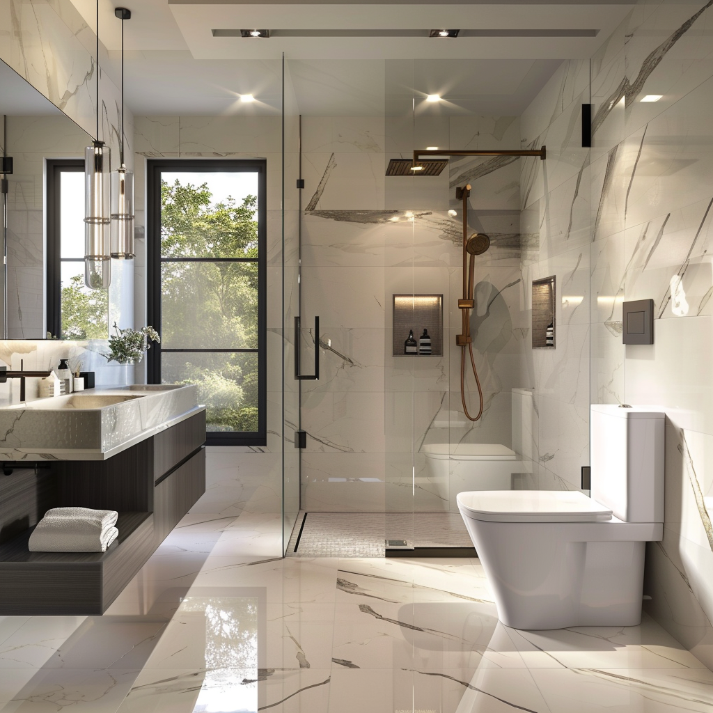 A contemporary bathroom with a smart toilet as its focal point, complemented by a wall-mounted sink, transparent walk-in shower, and high-end fixtures. The room features polished marble floors, matte ceramic walls, and a blend of natural and artificial lighting, all captured in 8K resolution.