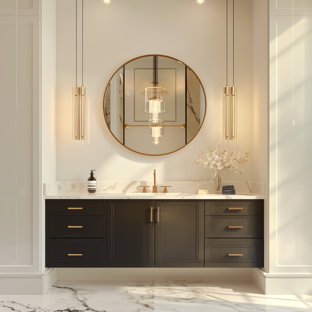 Photorealistic modern bathroom vanity with luxurious fixtures, featuring a floating quartz countertop, gold and matte black accents, and a round gold-framed mirror above the sink. The scene is enhanced by pendant lights, marble flooring, recessed LED lighting, and a reflected soaking tub through the mirror.