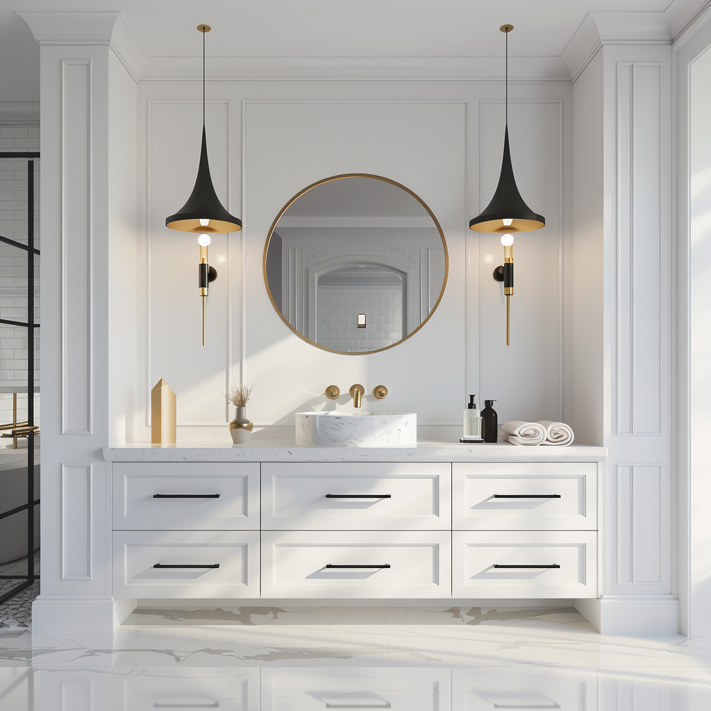 Modern bathroom vanity with floating quartz countertops, gold and matte black accents, a round gold-framed mirror, pendant lighting, and a freestanding soaking tub visible in the reflection.