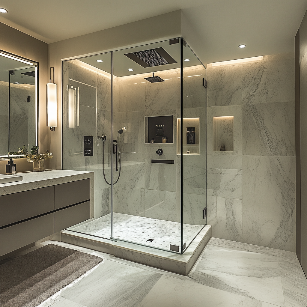 Luxurious modern bathroom with advanced shower system, frameless glass enclosure, high-pressure jet panels, rain shower head, mood lighting, floating vanity, smart mirror, and marble flooring.