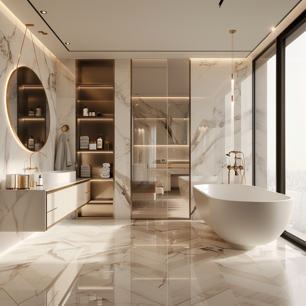 A luxurious modern bathroom with a monochromatic white color scheme, accented by matte black and brushed gold. Featuring a floating vanity, freestanding bathtub near a large window, marble walls, herringbone wooden floor, and elegant lighting fixtures.