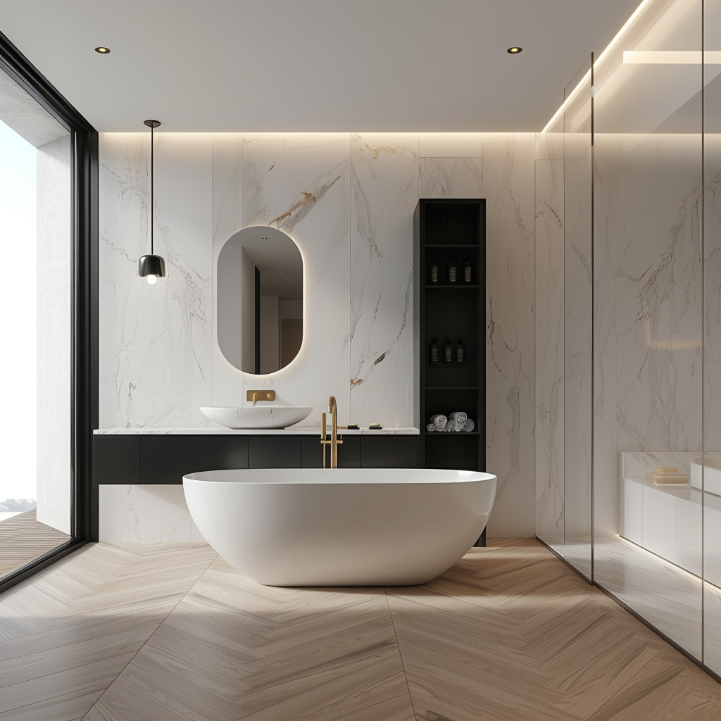 A luxurious modern bathroom with a contemporary minimalist design featuring a floating vanity, a freestanding bathtub by a floor-to-ceiling window, marble wall panels, a herringbone-patterned wooden floor, and brushed gold fixtures. The room is bathed in natural light complemented by recessed LED spotlights and a pendant light over the bathtub.