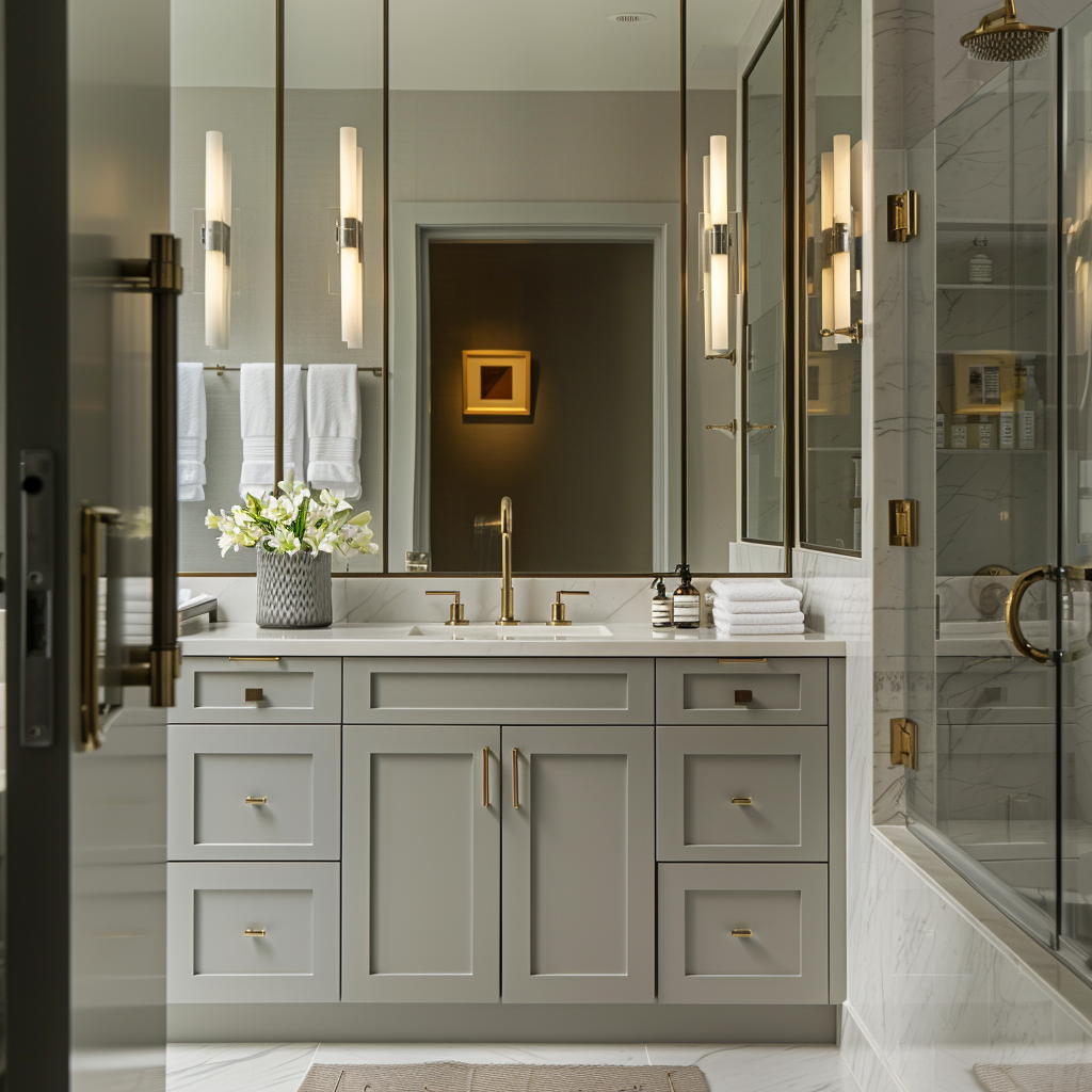 Luxurious modern bathroom with custom-designed vanity, marble feature wall, oversized mirror, and a blend of elegant textures and finishes.