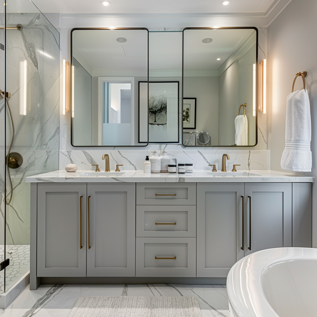 Luxurious modern bathroom with custom vanity, Carrara marble feature wall, oversized frameless mirror, freestanding deep-soaking tub, glass-enclosed shower, and minimalist design in soft greys, whites, and matte blacks.