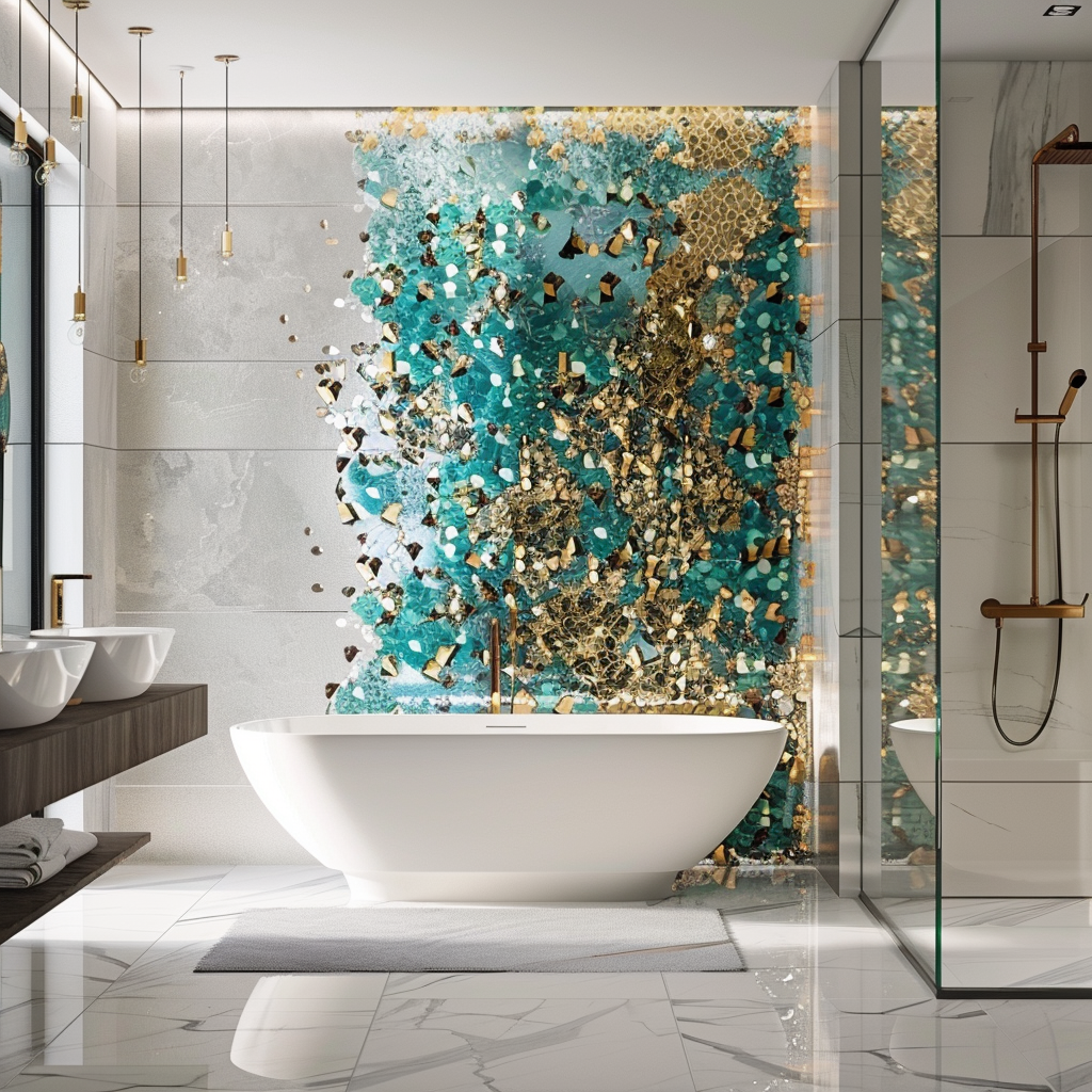 Modern luxurious bathroom with a central white freestanding bathtub, designer mosaic tile accent wall, glass-enclosed shower, floating vanity with vessel sink, and polished white marble flooring, illuminated by natural and artificial lighting.