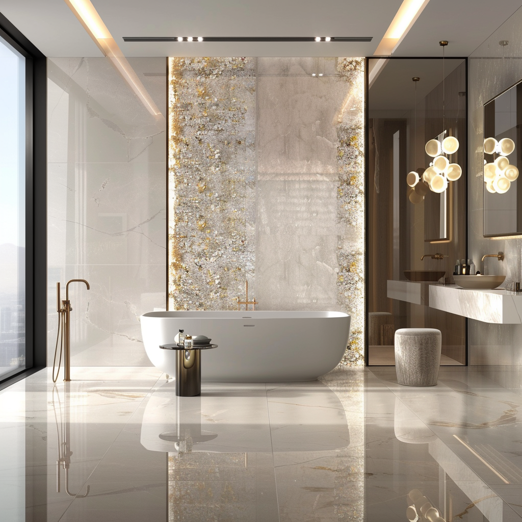 Luxurious modern bathroom featuring designer tiles, floating vanity, freestanding soaking tub, natural light from frosted window, recessed LED lights, chandelier, walk-in shower, and handcrafted tile mural.