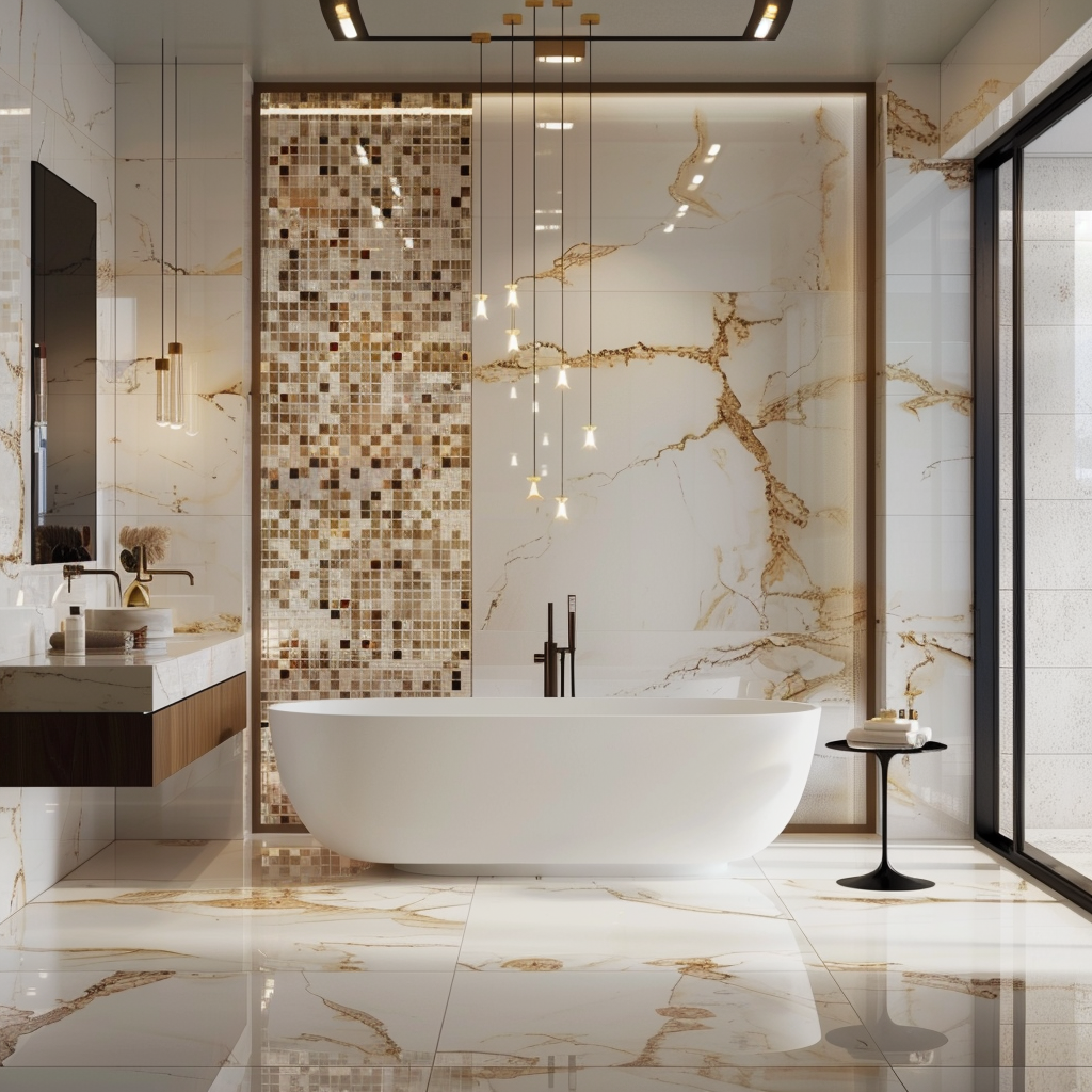 Luxurious modern bathroom featuring designer tiles, a floating vanity, and a freestanding soaking tub, with soft beige, crisp white tones, and dramatic accents in gold and black. Natural and artificial lighting create a sophisticated and spacious atmosphere.