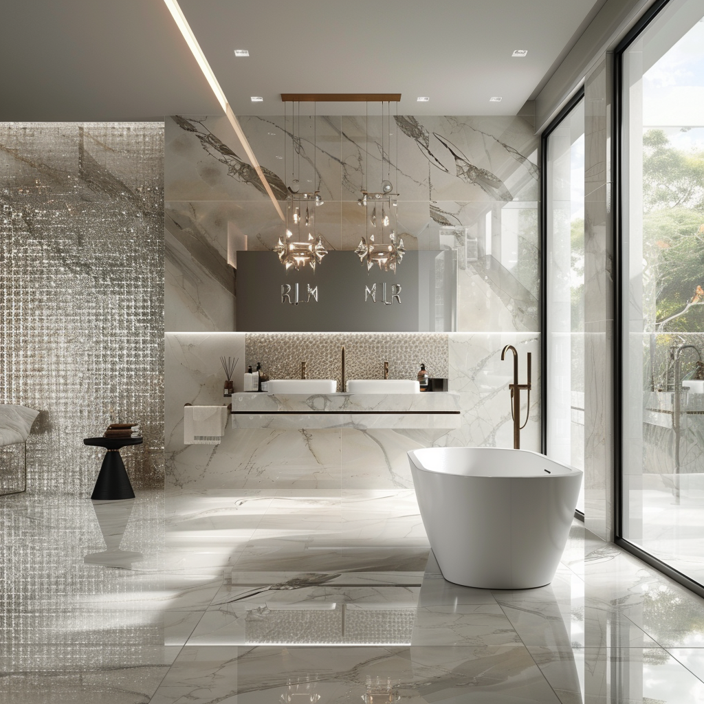 Luxurious modern bathroom with designer tiles, floating vanity, freestanding soaking tub, and elegant lighting in a sophisticated, minimalist style.