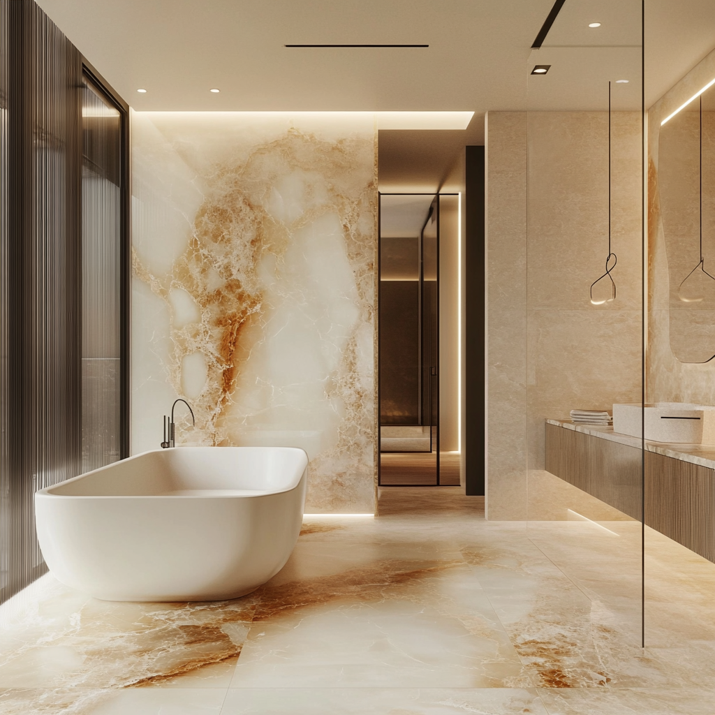 Photorealistic image of a luxurious modern bathroom with earthy stone flooring, centered freestanding tub, floating vanity, frameless glass shower, and subtle lighting, showcasing clean lines and high-quality finishes in neutral tones.