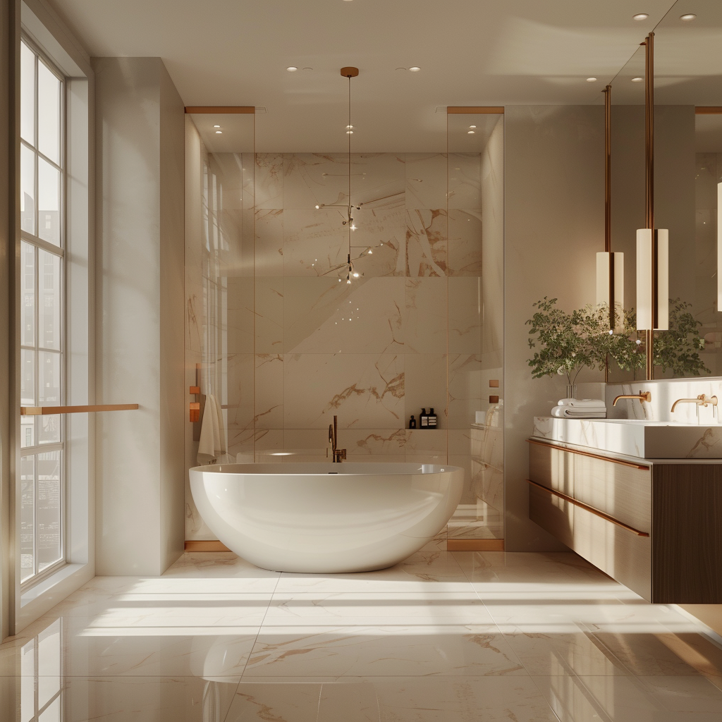 Photorealistic image of a modern, luxurious bathroom with neutral tones, brushed gold accents, a freestanding sculptural bathtub, a wall-mounted vanity, a glass-enclosed shower, a green living wall, and elegant ambient lighting.