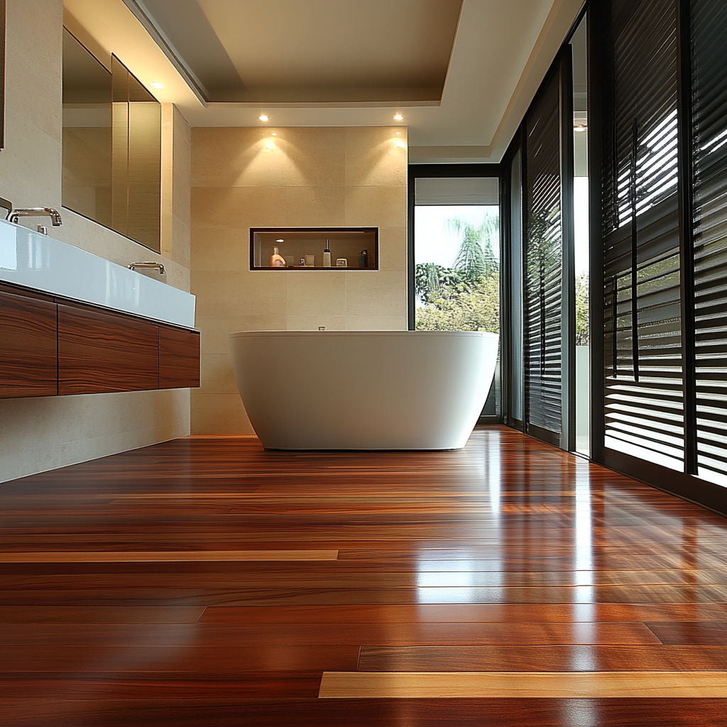 Luxurious modern bathroom with exotic hardwood floors, freestanding white bathtub, floating vanity, brushed bronze fixtures, and cozy fireplace, bathed in natural light.