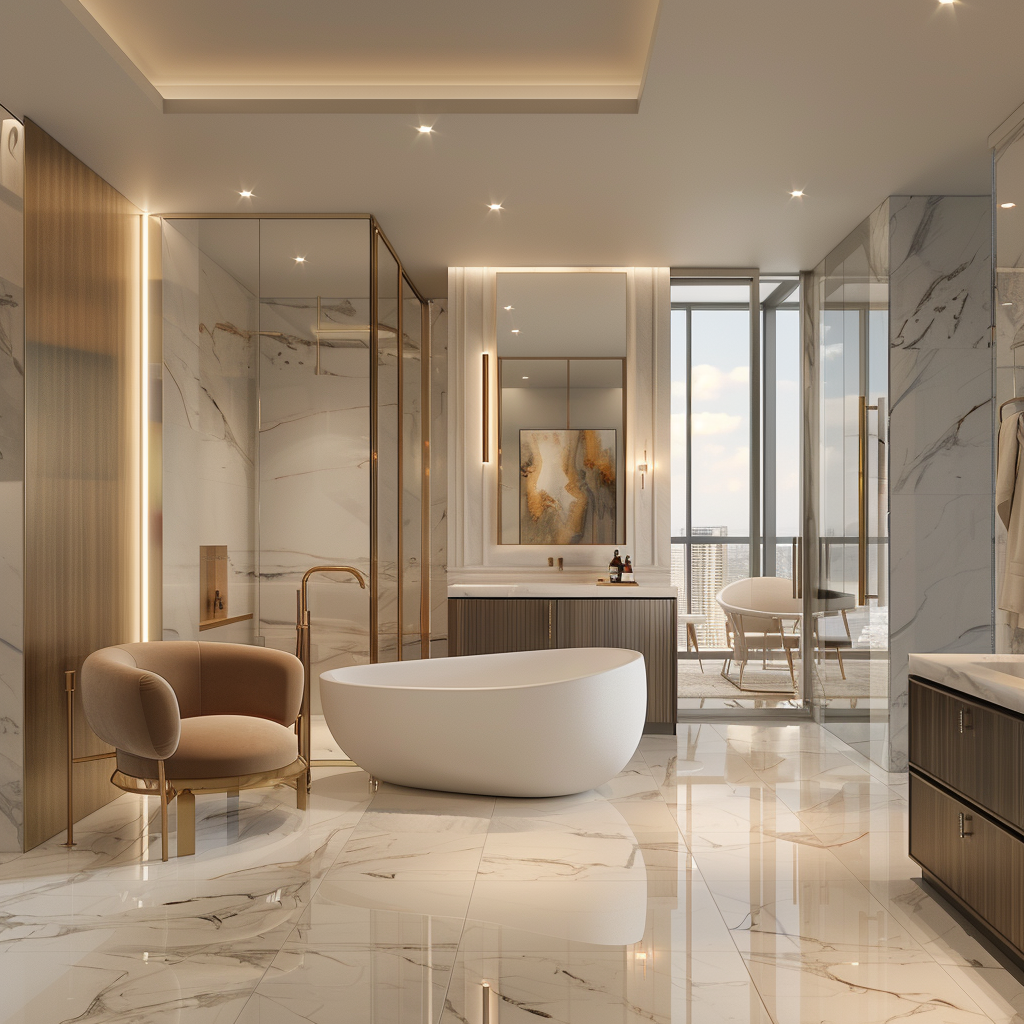 Open-concept bathroom with a luxurious freestanding bathtub, modern vanity with marble countertop, plush armchairs, large window, recessed lights, and chandelier, in soft, neutral tones accented by brushed gold and deep navy.