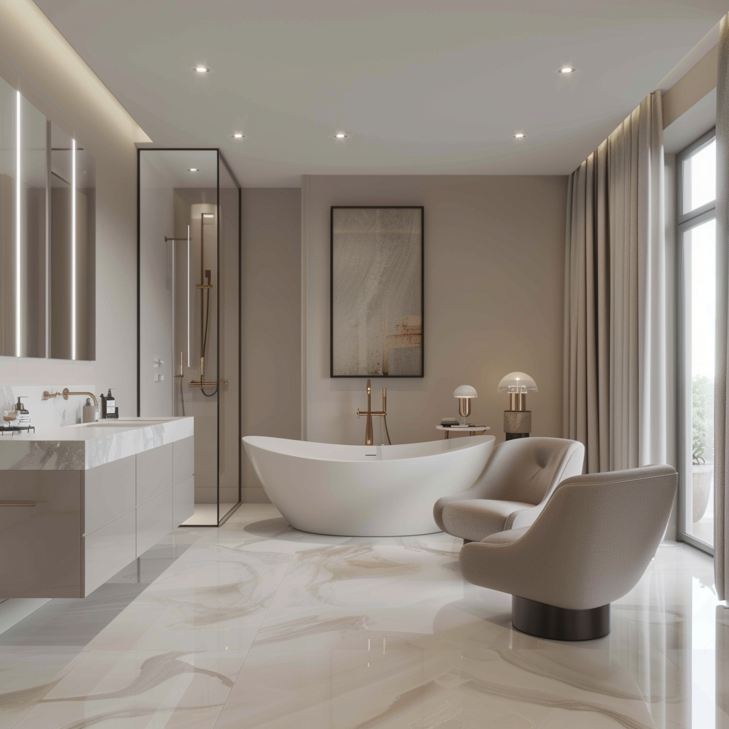 Spacious modern bathroom with a freestanding bathtub, warm white color palette, brushed gold and navy accents, wall-mounted vanity with marble countertop, plush armchairs, and large window for natural light.