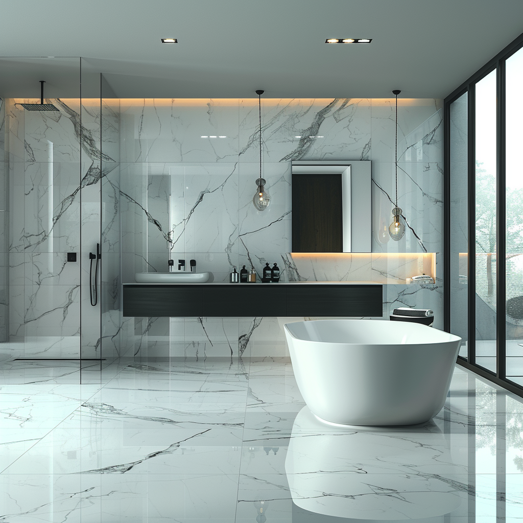 A luxurious modern bathroom with cool white and grey marble finishes, a floating vanity, freestanding bathtub, frameless glass shower, and backlit marble statement wall, illuminated by natural and LED lighting.