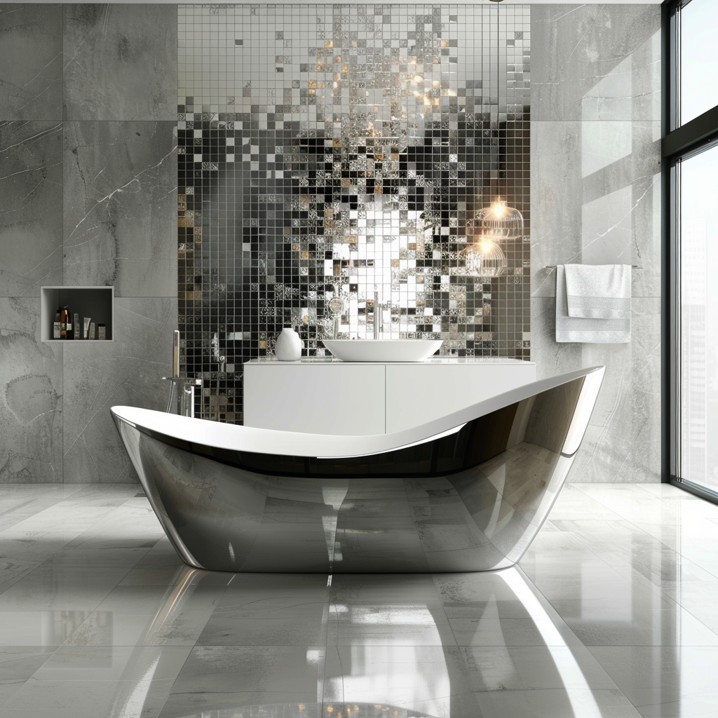 Photorealistic image of a modern, luxurious bathroom featuring reflective metallic tiles, a freestanding bathtub, floating vanity with integrated sinks, and chrome fixtures, bathed in natural light with a sleek and contemporary design.