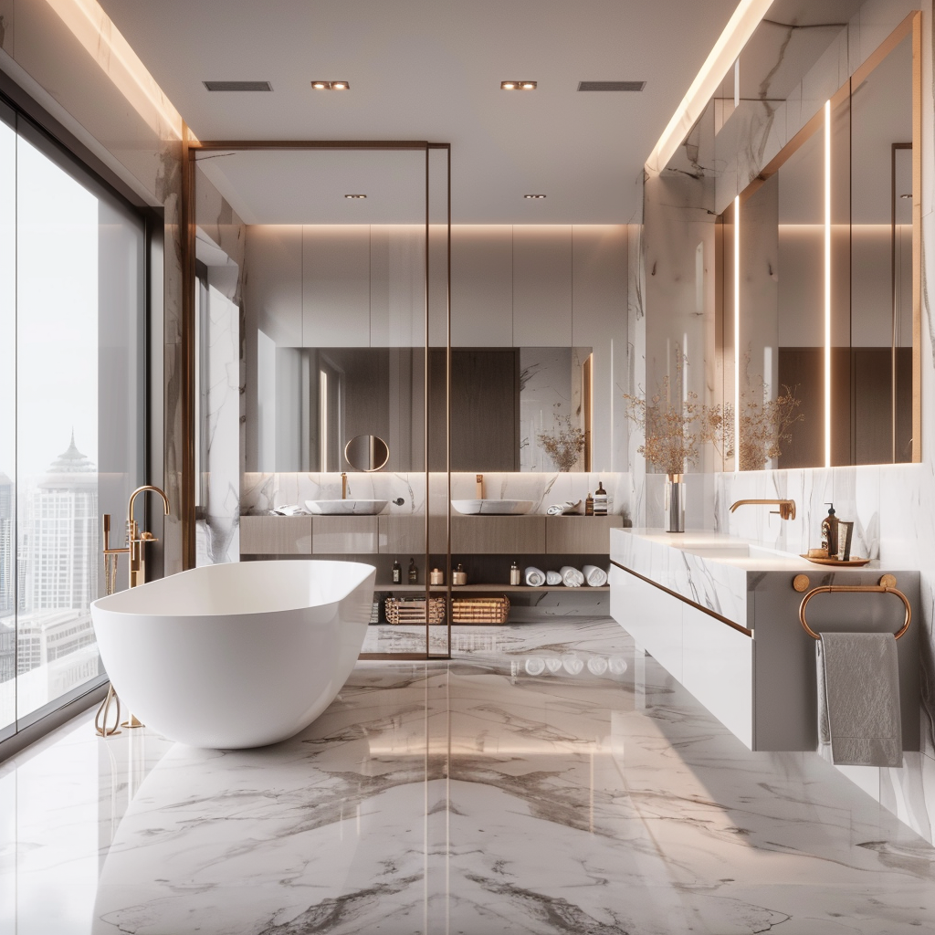 Image of a luxurious modern bathroom with a monochromatic color palette, floating vanity, freestanding sculptural bathtub, floor-to-ceiling window, marble wall panels, and herringbone-patterned wooden floor, illuminated by natural and artificial lighting.