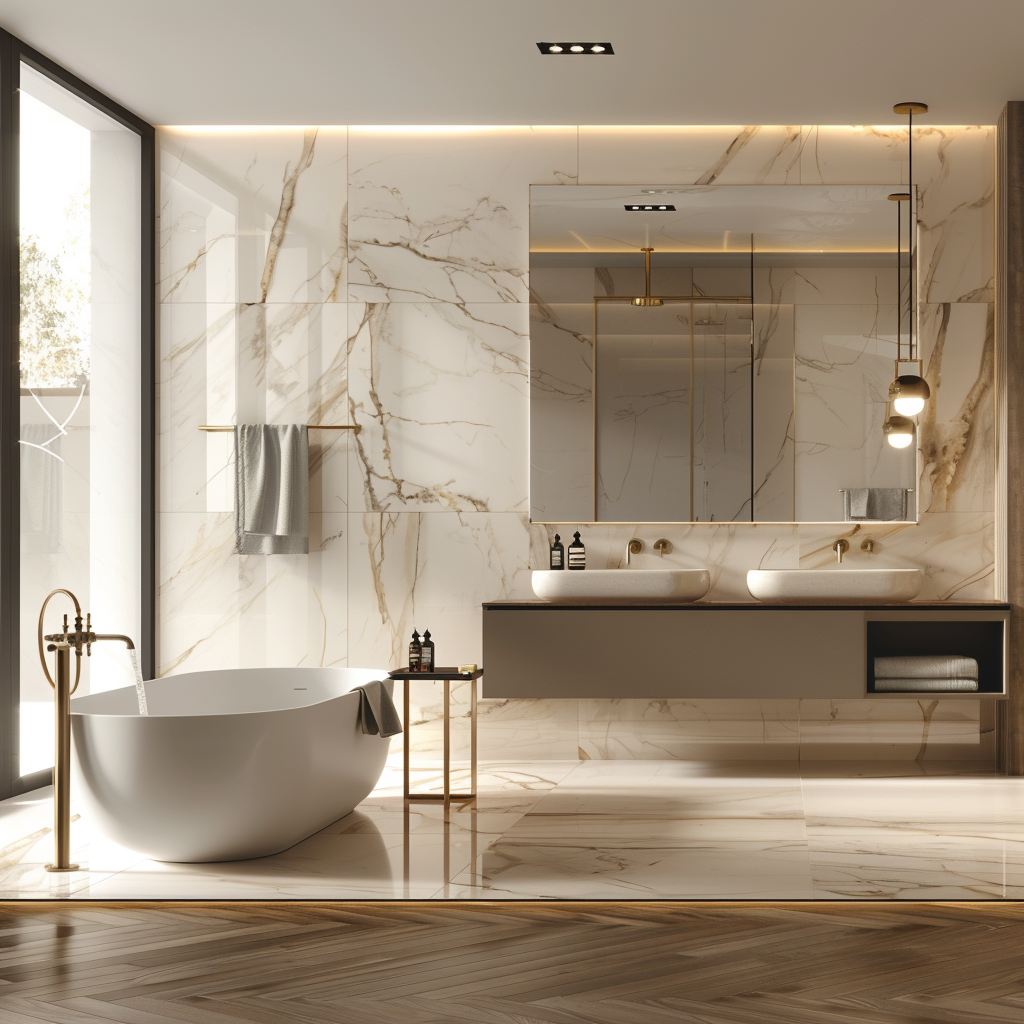 Spacious modern bathroom with monochromatic white color scheme, featuring a floating vanity, freestanding bathtub, floor-to-ceiling window, recessed LED lights, a statement pendant light, marble wall panels, herringbone wooden floor, brushed gold fixtures, a rainfall showerhead, and a full-wall mirror.