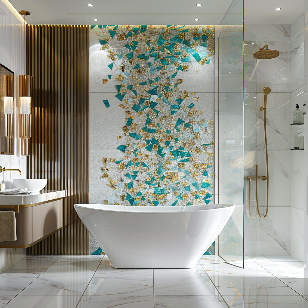 A luxurious modern bathroom featuring an accent wall with designer mosaic tiles in geometric patterns, a freestanding white bathtub, a glass-enclosed shower, and a floating vanity with a vessel sink. The space is illuminated by natural light and ceiling lights.