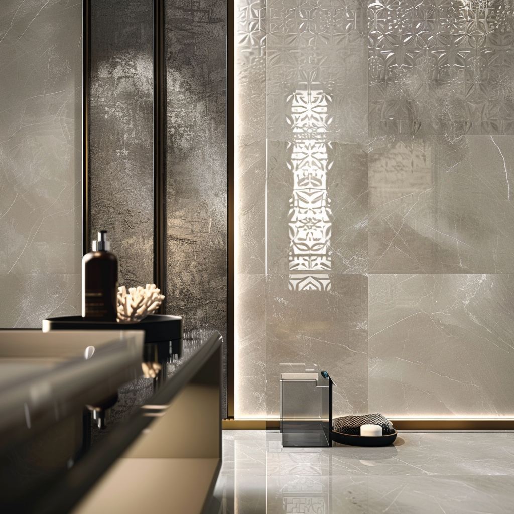 Close-up of a luxurious modern bathroom with monochromatic tones, featuring luxury-patterned tiles and a plush, textured wall treatment. The scene showcases the intricate tile patterns and rich textures in 8K resolution, with natural light filtering through a frosted glass window.