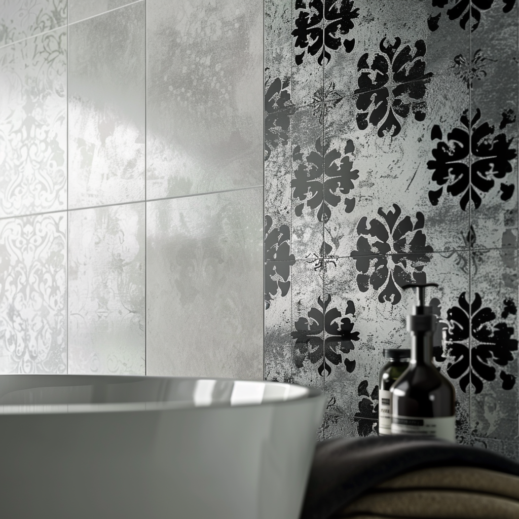 Close-up of a luxurious modern bathroom featuring premium luxury-patterned tiles with intricate designs, reflecting soft natural light, and a contrasting textured wall treatment. Shot in high resolution, highlighting the opulent details and rich textures.