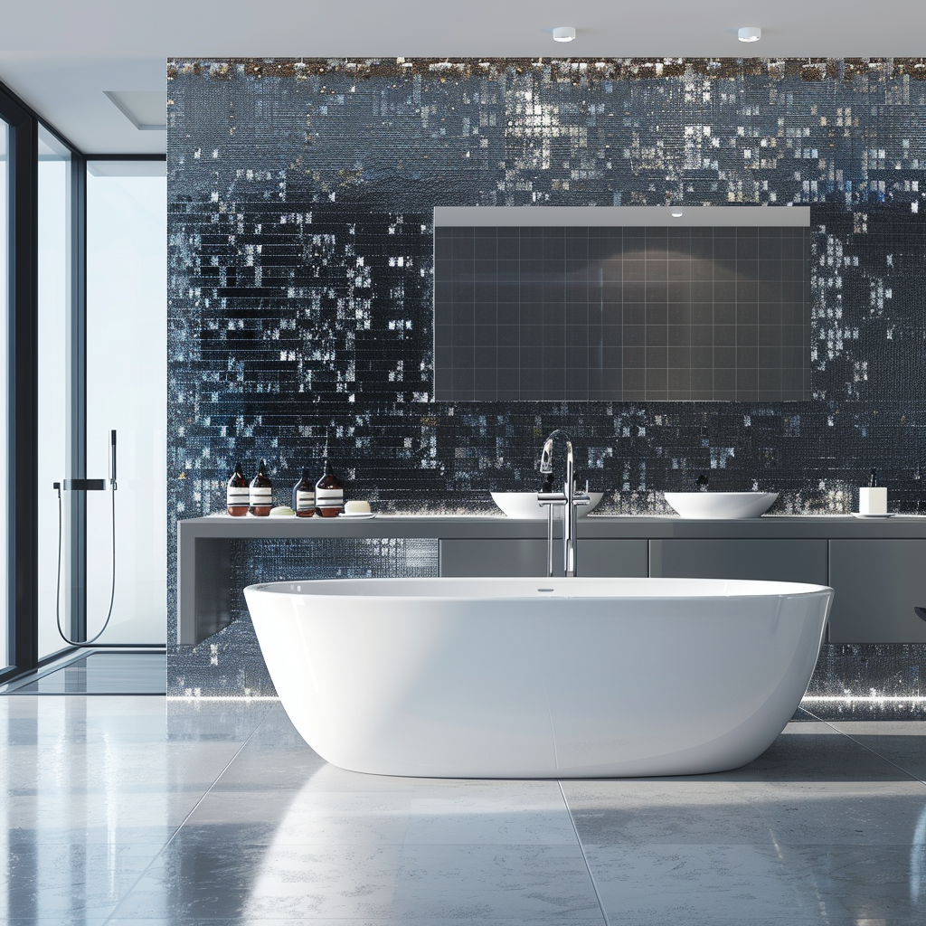 Modern bathroom with reflective metallic tiles, freestanding bathtub, floating vanity, chrome fixtures, and natural lighting, captured in 8K resolution.