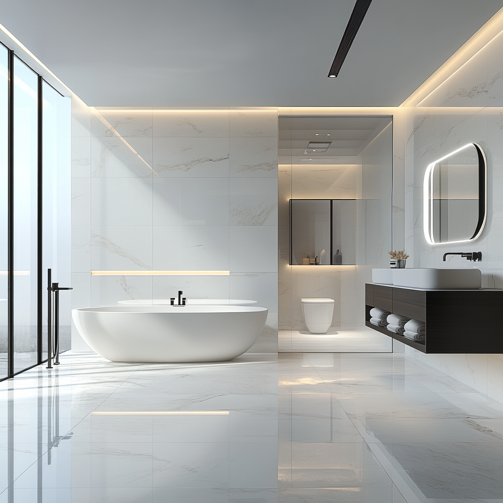 Modern luxury bathroom with smart technology including a floating vanity with smart mirror, freestanding bathtub with temperature control, frameless glass shower enclosure, wall-mounted toilet, LED lighting, and contemporary design elements.