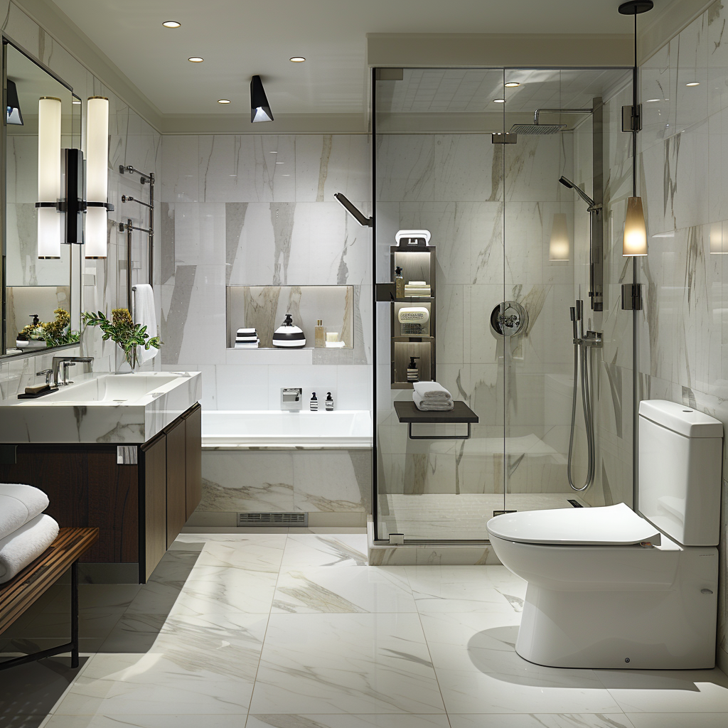 Contemporary luxurious bathroom featuring a state-of-the-art smart toilet, wall-mounted sink, transparent walk-in shower, polished marble floors, and matte ceramic walls, all illuminated by natural and layered artificial lighting.