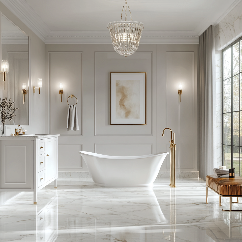 A luxurious modern bathroom with a freestanding soaking tub under a crystal chandelier, glass-enclosed shower, double marble vanities, polished marble flooring, and soft, plush towels. The room is bathed in natural light and features gold and silver accents.