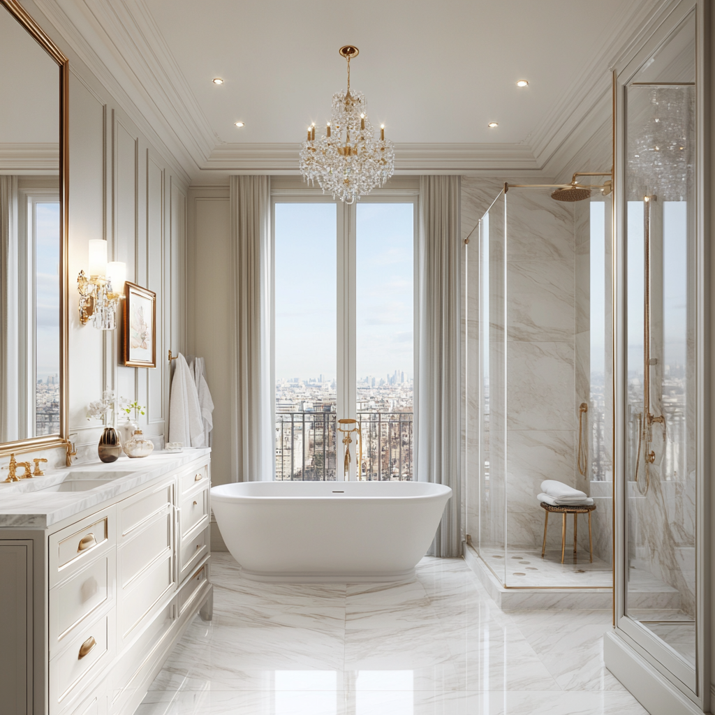 Photorealistic image of a luxurious modern bathroom with traditional touches. Featuring a freestanding soaking tub under a crystal chandelier, glass-enclosed shower, double vanity with marble countertops, herringbone marble flooring, and abundant natural light from a frosted window. Gold and silver accents highlight the creamy white and soft gray color palette.