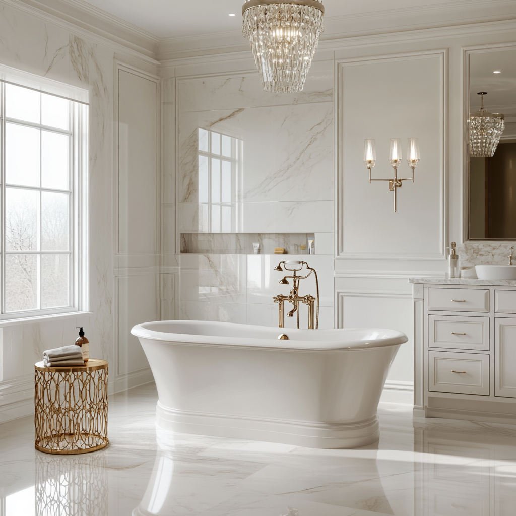 A high-end, photorealistic modern bathroom featuring a freestanding soaking tub with a crystal chandelier, glass-enclosed shower, double vanity with marble countertops, and herringbone marble flooring captured in 8K resolution.