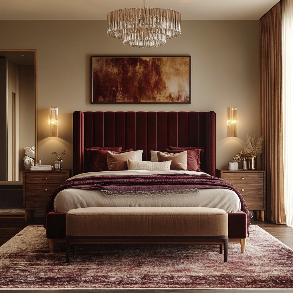 Photorealistic upscale modern bedroom featuring a king-sized bed with a velvet headboard, walnut nightstands, a contemporary dresser with a grand mirror, and a chaise lounge in the corner. The room is highlighted with burgundy and gold accents, soft white recessed lighting, bedside lamps, and candles. Textures include satin sheets, a high-pile rug, and silk curtains. Notable elements include artwork above the bed, a crystal chandelier, and a grand window with sheer curtains.