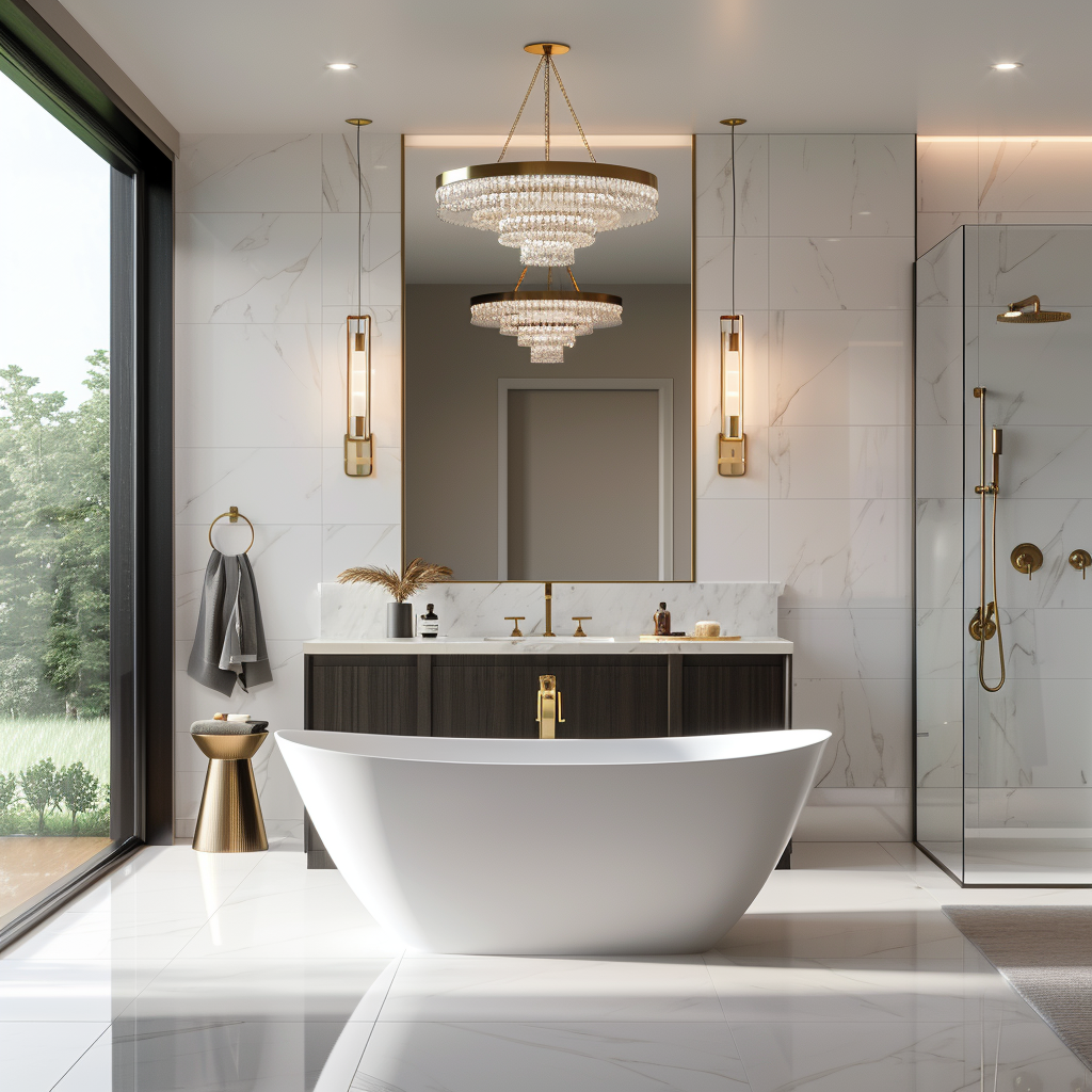 A luxurious and elegantly designed bathroom featuring a floating vanity with Carrara marble top, an oval freestanding bathtub under a large window, and a glass-enclosed rainfall shower. The minimalist design is highlighted by a calming neutral palette with accents of black and gold, enhanced by various light sources including recessed LED lights, a crystal chandelier, and wall sconces. The bathroom also features an intelligent lighting system for adjustable mood settings.