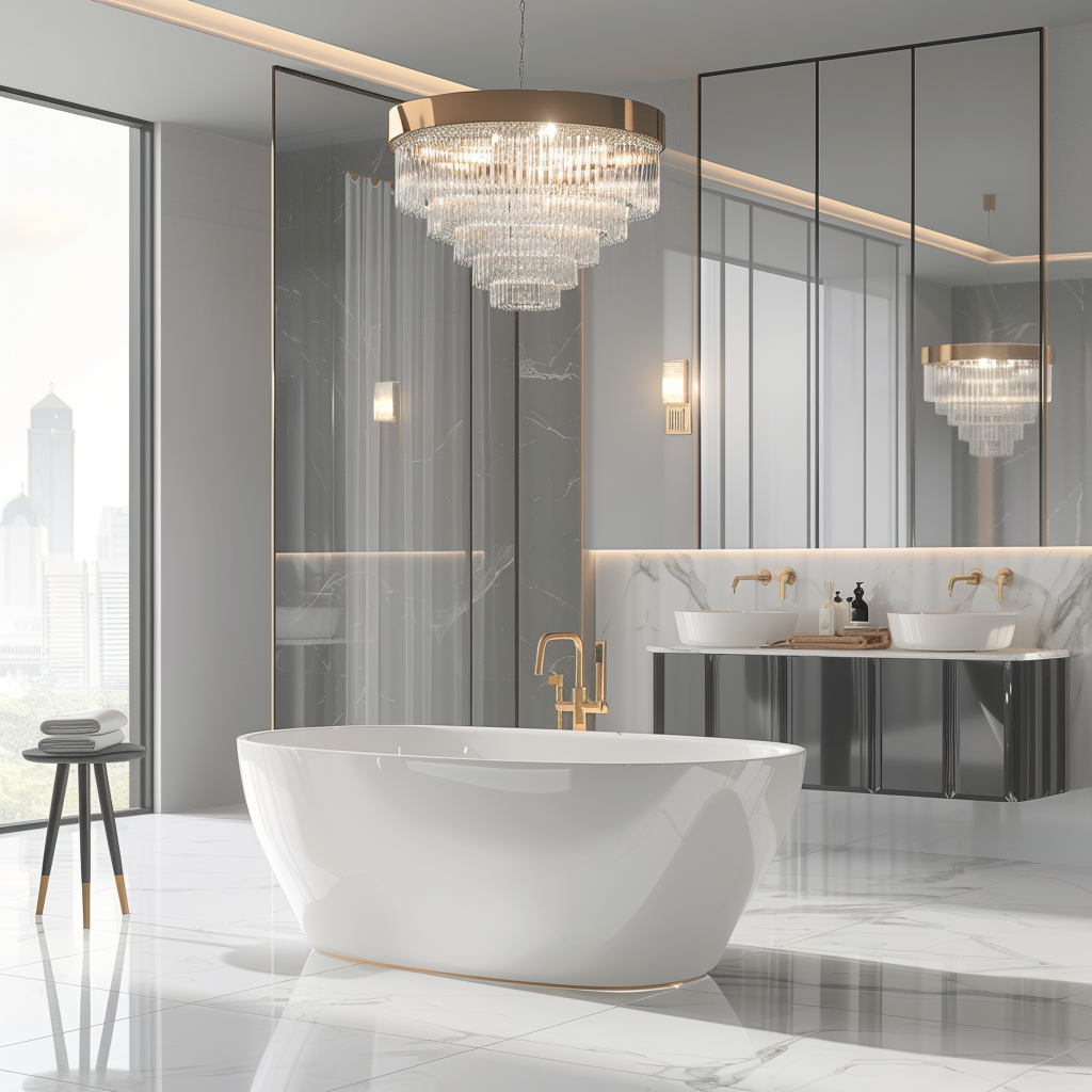 Opulent modern contemporary bathroom with a white freestanding tub, floor-to-ceiling window, marble-look porcelain tiles, brushed gold fixtures, and minimalist design.