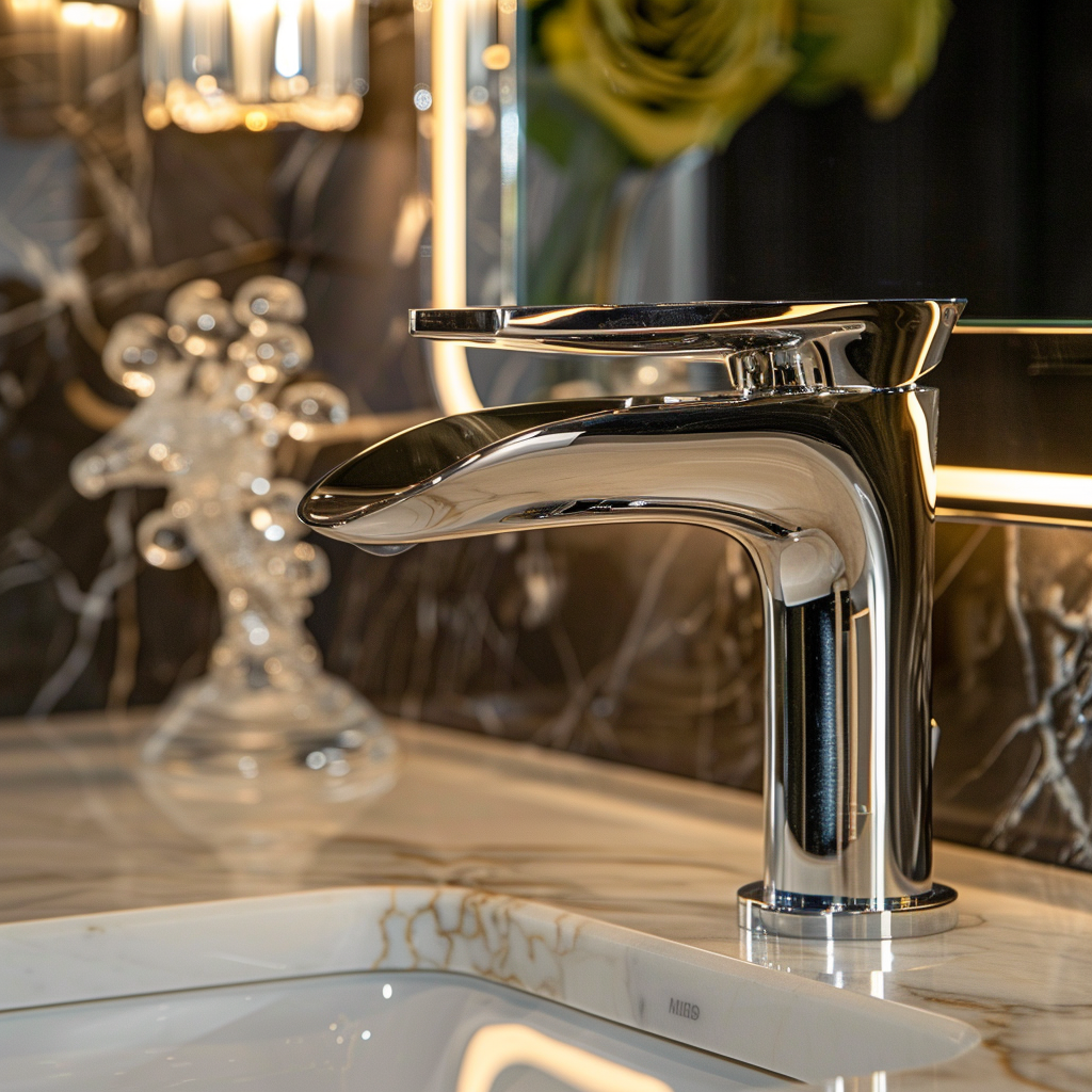 Close-up of a designer faucet with a polished chrome finish on a marble vanity. Slightly blurred background shows luxurious bathroom fixtures like crystal sconces and greenery, all under soft, dynamic lighting.