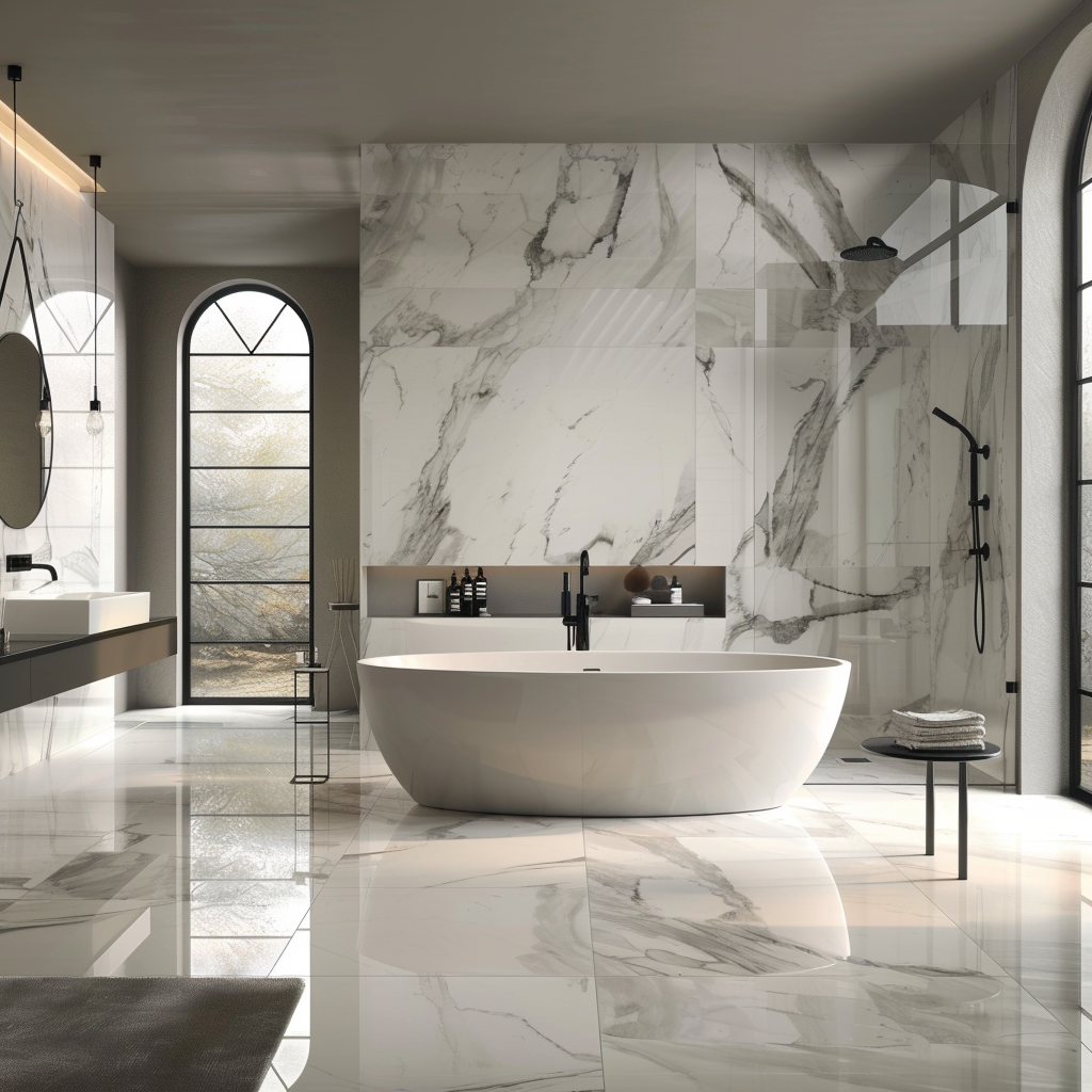 A luxurious modern bathroom with opulent marble surfaces, a floating vanity, a freestanding bathtub, and minimalistic design accents in cool whites and greys. Features include natural light, recessed LED fixtures, a frameless glass shower enclosure, and a backlit marble feature wall.