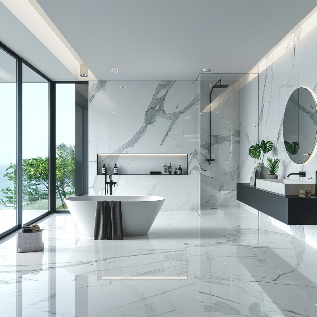 Photorealistic image of a luxurious modern bathroom featuring opulent marble surfaces in cool whites and greys. The space includes a floating vanity, freestanding bathtub, frameless glass shower, and a backlit marble feature wall, all beautifully lit by natural daylight and recessed LED fixtures.