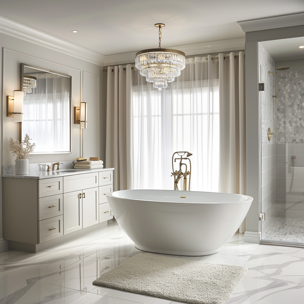 A luxurious, photorealistic bathroom blending modern refinement with classic elegance, featuring a floating Carrara marble vanity, freestanding bathtub, rainfall shower, and intelligent lighting system.