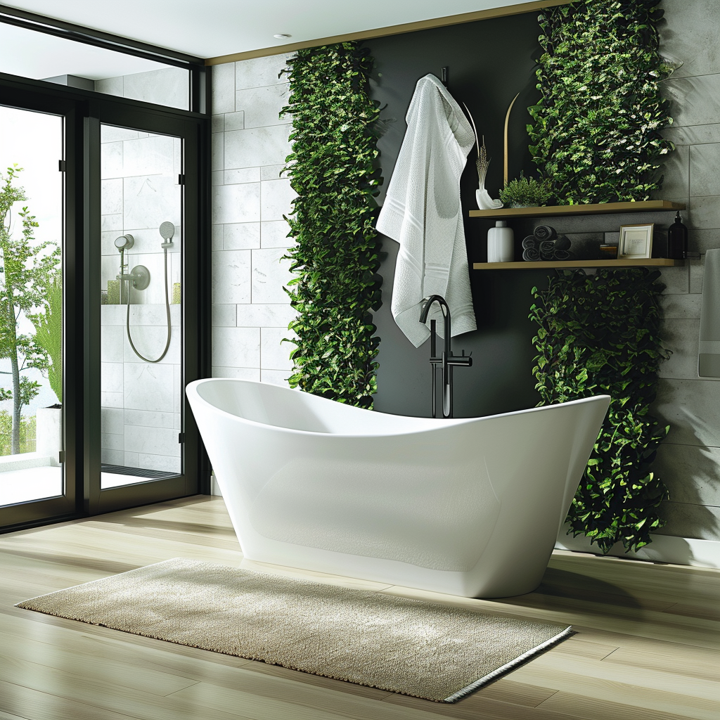 A luxurious modern minimalist bathroom in white and gray, featuring a freestanding bathtub, floating vanity with a marble-look laminate countertop, frameless glass shower, and a vertical garden wall. The room is accented by matte black, chrome, and brushed nickel fixtures, captured in photorealistic 8K resolution.