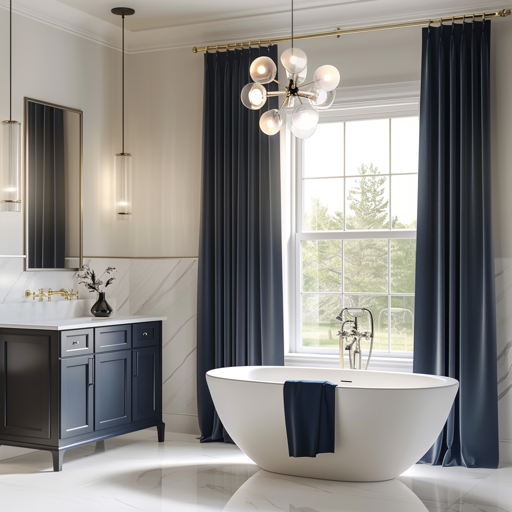 A luxurious modern minimalist bathroom with a freestanding bathtub, pedestal sink, frameless mirror, and sophisticated lighting including a modern chandelier, set against a color palette of off-white, cream, and navy blue accents.