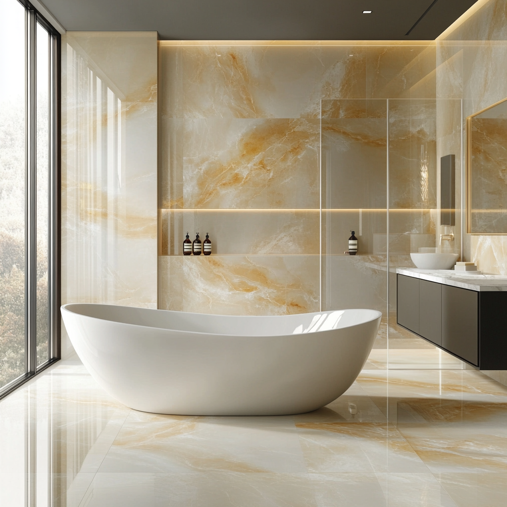 A spacious, luxurious bathroom with modern minimalist design featuring a neutral color palette, stone flooring, a freestanding tub under a frosted window, a floating vanity, and a frameless glass shower.