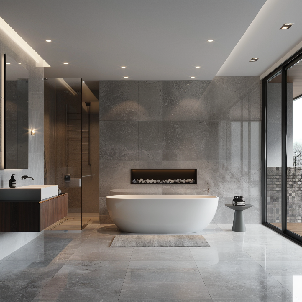 Luxurious modern minimalist bathroom featuring a central freestanding bathtub, dark wood floating vanity, marble slabs, frosted windows, and industrial chic hardware in an 8K photorealistic render.