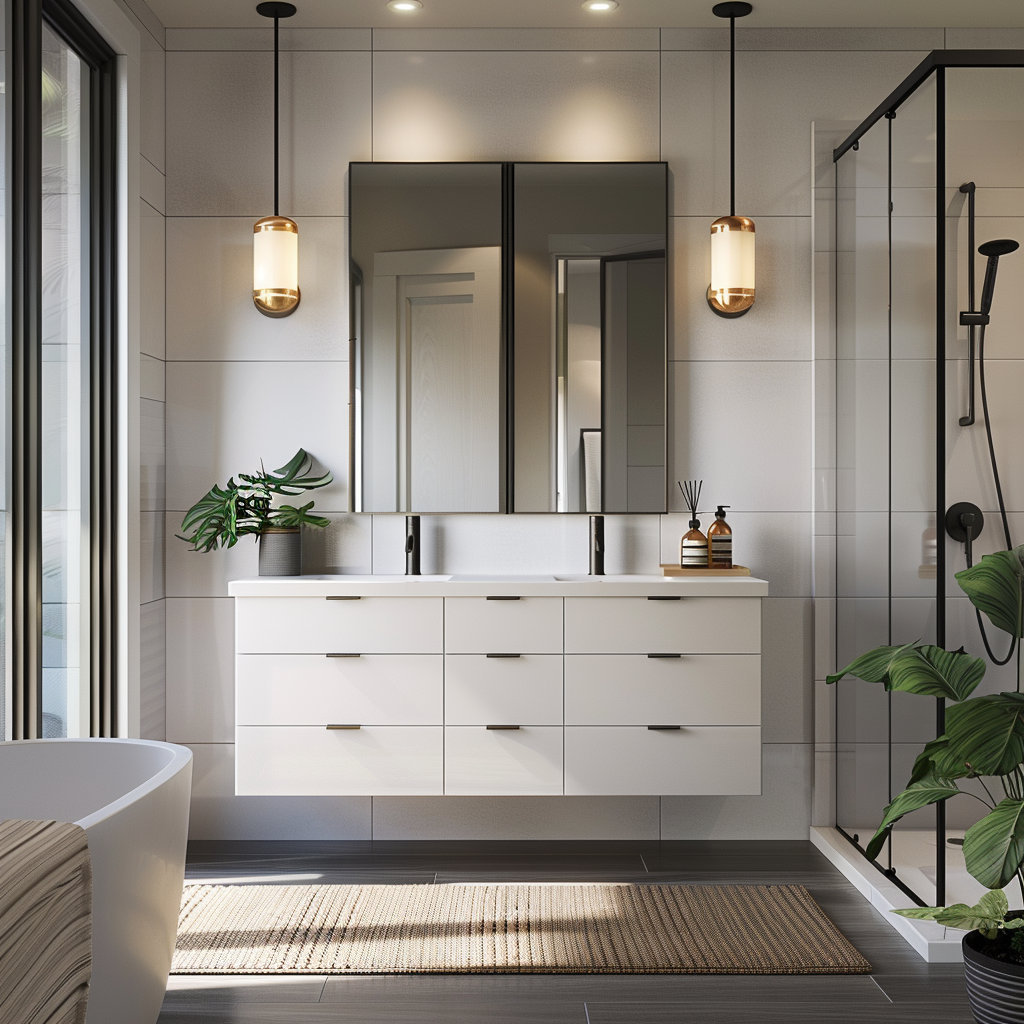 Photorealistic image of a luxury modern minimalist bathroom with a cool gray and white palette, detailed with matte black and brushed gold fixtures, featuring a wall-mounted vanity, frameless mirror, frosted glass windows, and a lush potted fern.