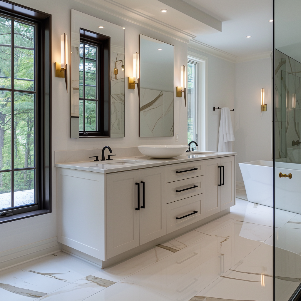 Luxurious and spacious modern minimalist bathroom with a his and hers double vanity, white marble countertop, high-gloss cabinetry, designer vessel sinks, and matte black faucets, accented by brushed gold sconces and a freestanding sculptural tub.