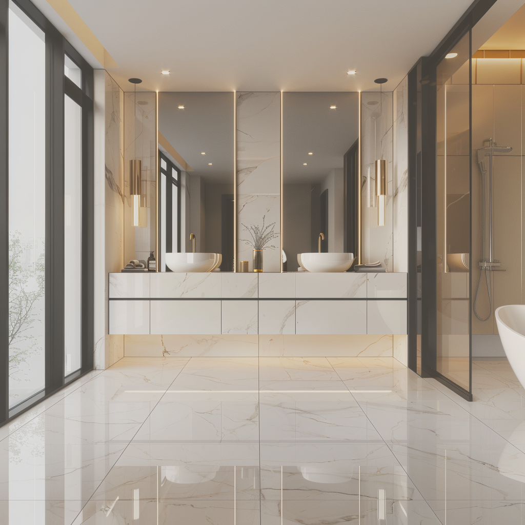 Luxurious modern minimalist bathroom featuring a double vanity with white marble countertops, designer vessel sinks, and matte black faucets, complemented by brushed gold accents, large frosted windows, a freestanding tub, and a glass-enclosed walk-in shower.