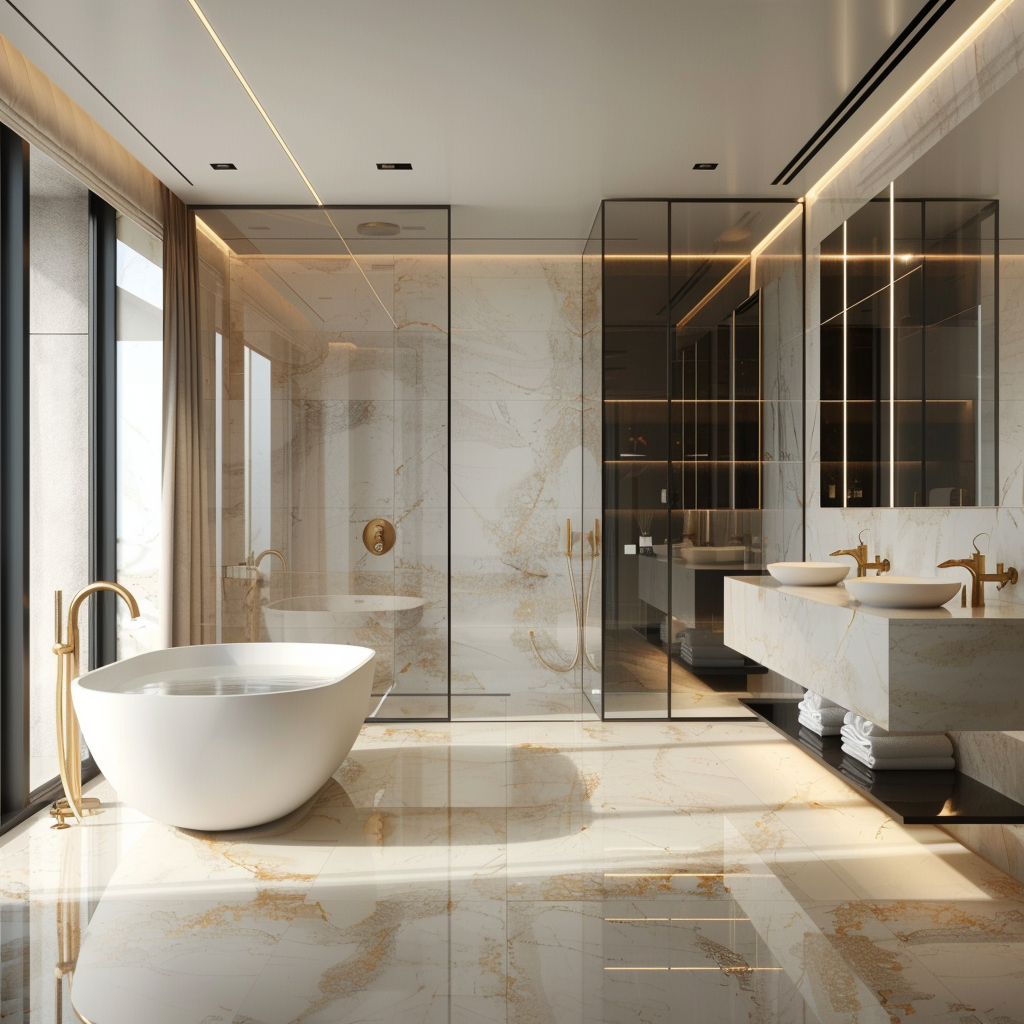 Modern minimalist bathroom with a freestanding soaking tub, floor-mounted gold faucet, walk-in shower with marble walls, double vanity with marble countertop, sconce lights, frameless mirror, herringbone marble floor tiles, chandelier, and integrated LED-lit marble niche shelves in an 8K photorealistic image.