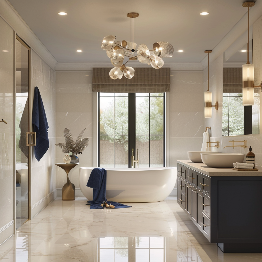 Modern minimalist bathroom with a freestanding bathtub under a frosted window, sculptural pedestal sink, frameless wall mirror, marble flooring, ceramic tiling, and sophisticated lighting fixtures. Navy blue accents and warm diffused lighting enhance the serene and elegant atmosphere.