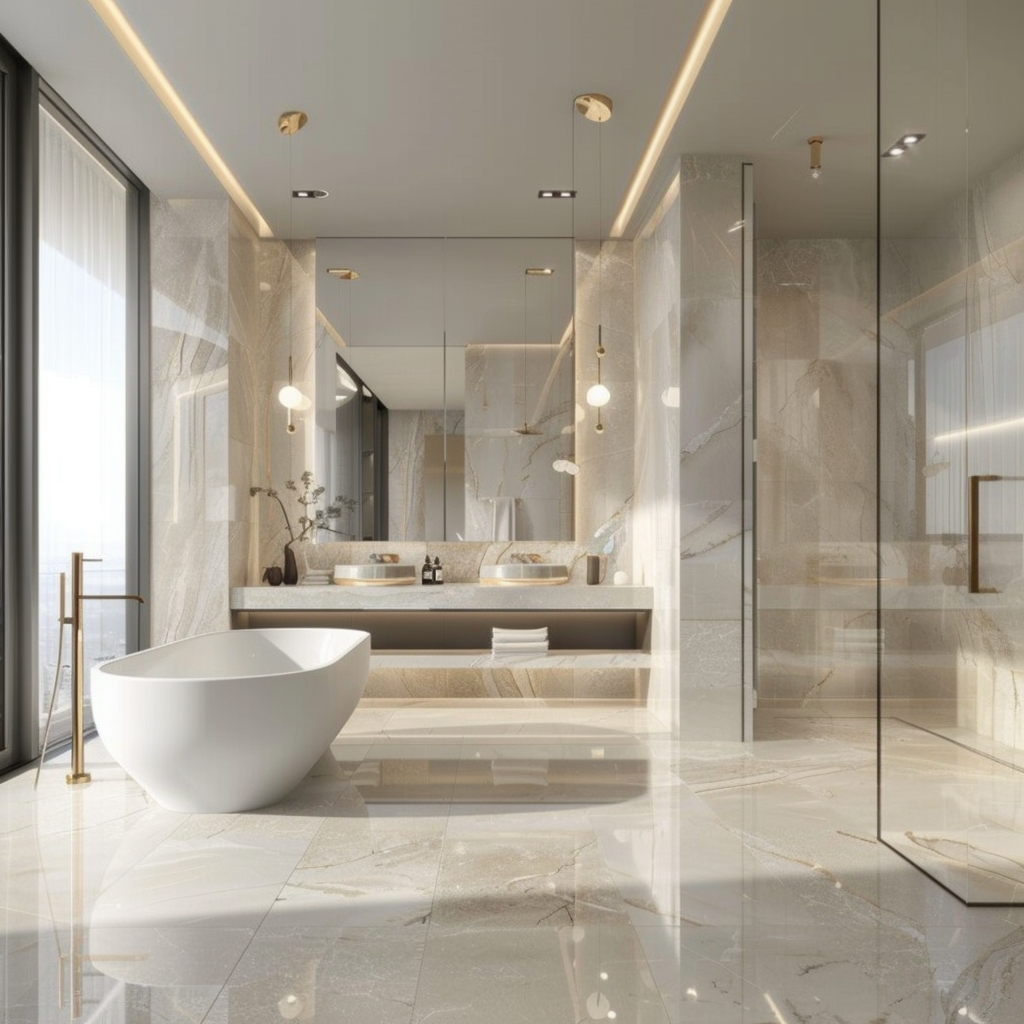 Photorealistic image of a luxurious, spacious bathroom with modern minimalist design, featuring a large freestanding soaking tub with a floor-mounted gold faucet, a walk-in shower with marble walls, a floating double vanity with marble countertop, and herringbone-patterned marble floor tiles, all bathed in natural light and warm artificial lighting.